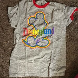 Pride Disneyland Mickey T shirt. Grey with rainbow Mickey on front.